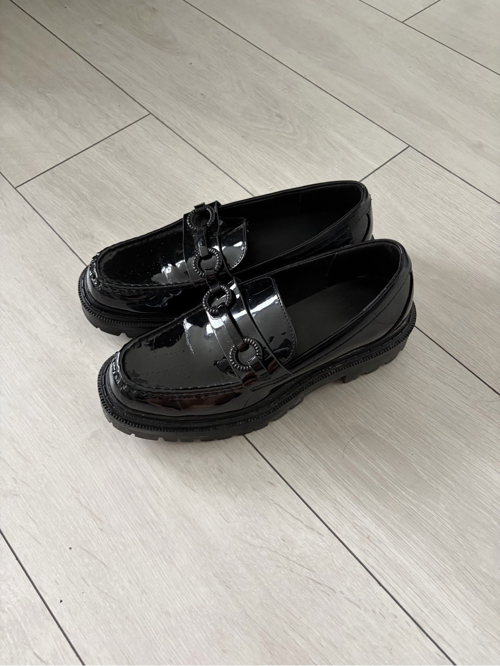 Aldo Black Patent Leather Chain-Detail Loafers